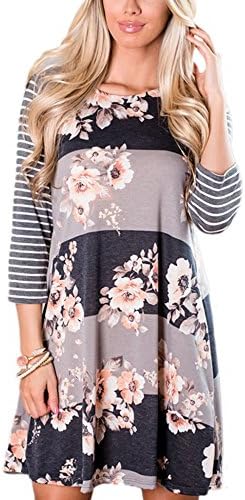 Vemper Women's Floral Print Casual 3 4 Sleeve A-line Loose T-shirt Dresses Knee Length,Gray,Large