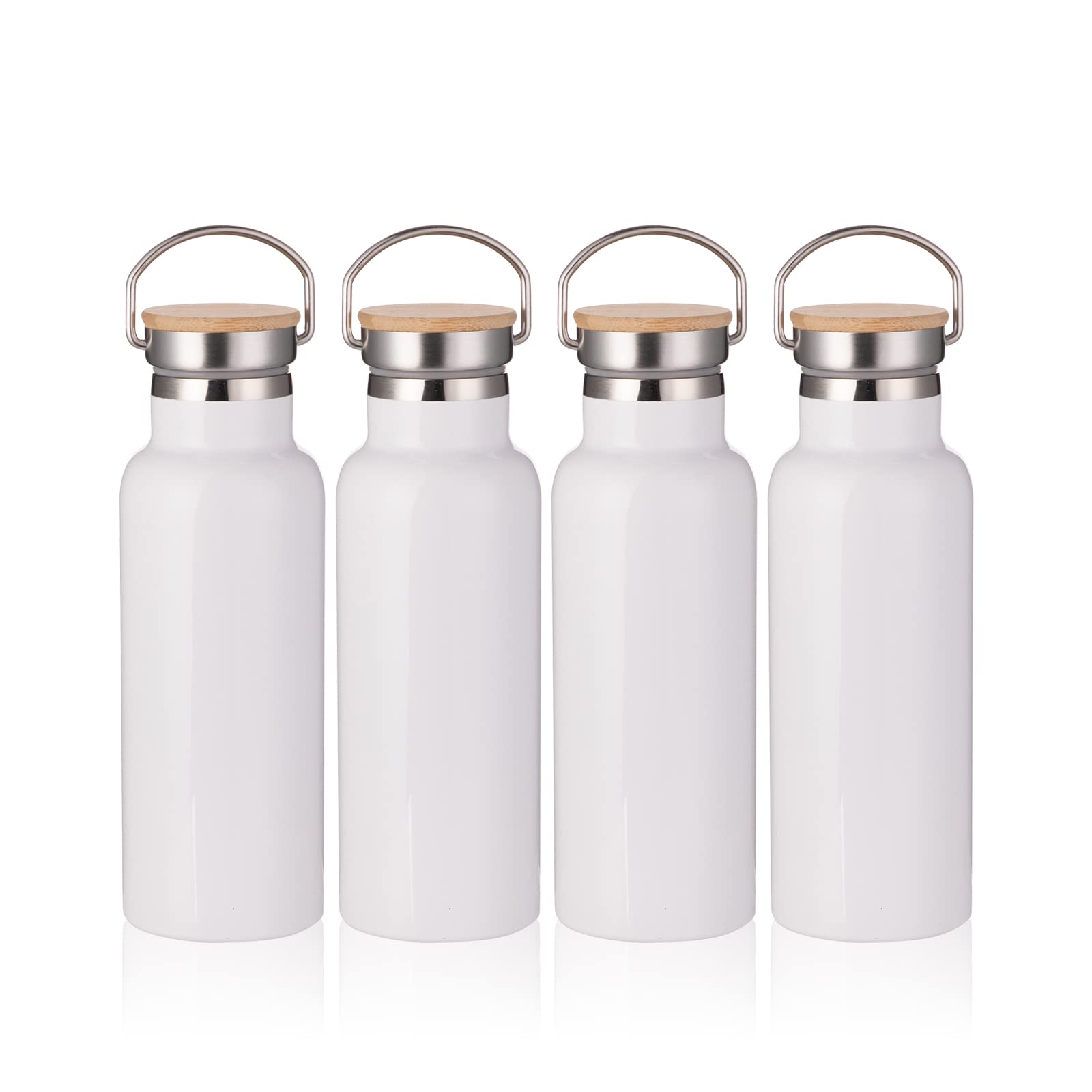 PYD Life Sublimation Water Bottle Blanks White 17 OZ Stainless Steel Sports Bottle Vacuum Flask with Bamboo Lid for Tumbler Heat Press Sublimation Print 4 Pack