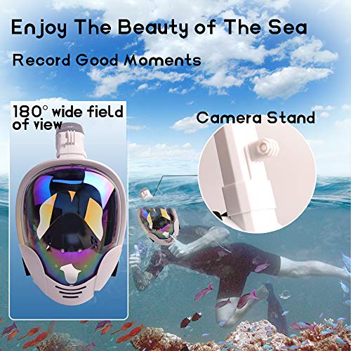OUUKER Full Face Snorkel Mask, Portable 180° Panoramic View Diving Snorkel Mask Anti-Fog Anti-Leak Safety Diving with Detachable Action Camera Mount for Adults Youth