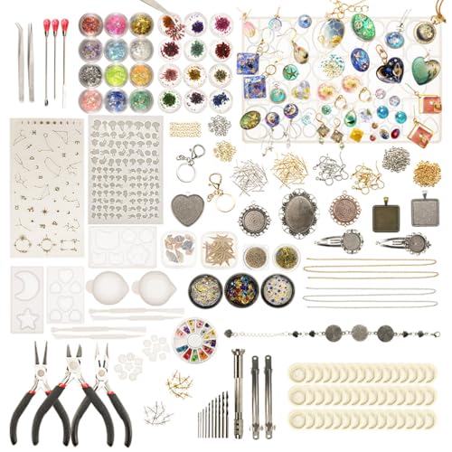 FUNSHOWCASE Cabochon Gem Pendant Earrings Epoxy Silicone Molds Jewelry Making Supply Kit Pack of 411 Lot, Polyclay Crafting