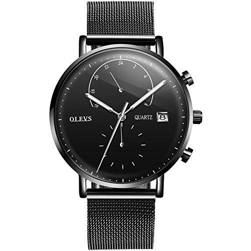 OLEVS Men's Minimalist Ultra Thin Watches Fashion Casual Analog Quartz Date Watch Waterproof Luminous Chronograph,Male Slim Simple Alloy Big Dial Dress Wrist Watch with Mesh Milanese Band All Black
