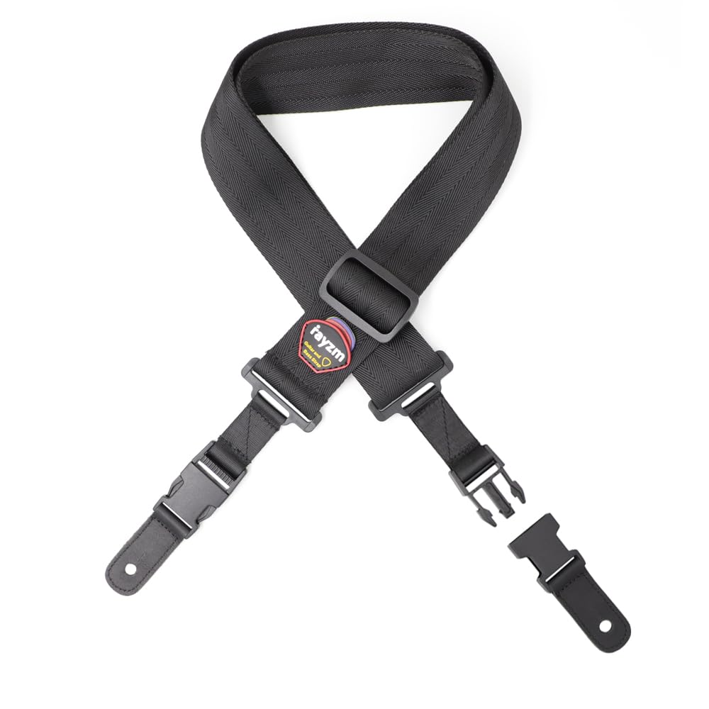 Rayzm Guitar Strap with Quick Release Clips, Black Anti-slip Soft Nylon Strap for Acoustic/Electric/Bass Guitar,5cm Wide, Length Adjustable