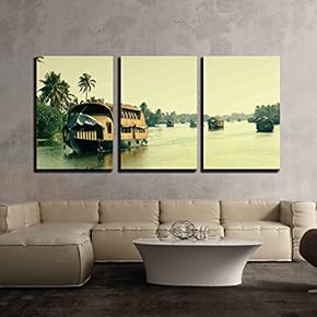 3 Piece Canvas Wall Art - Picturesque Tropical Landscape with Traditional Houseboat. - Modern Home Art Stretched and Framed Ready to Hang - 16"x24"x3 Panels