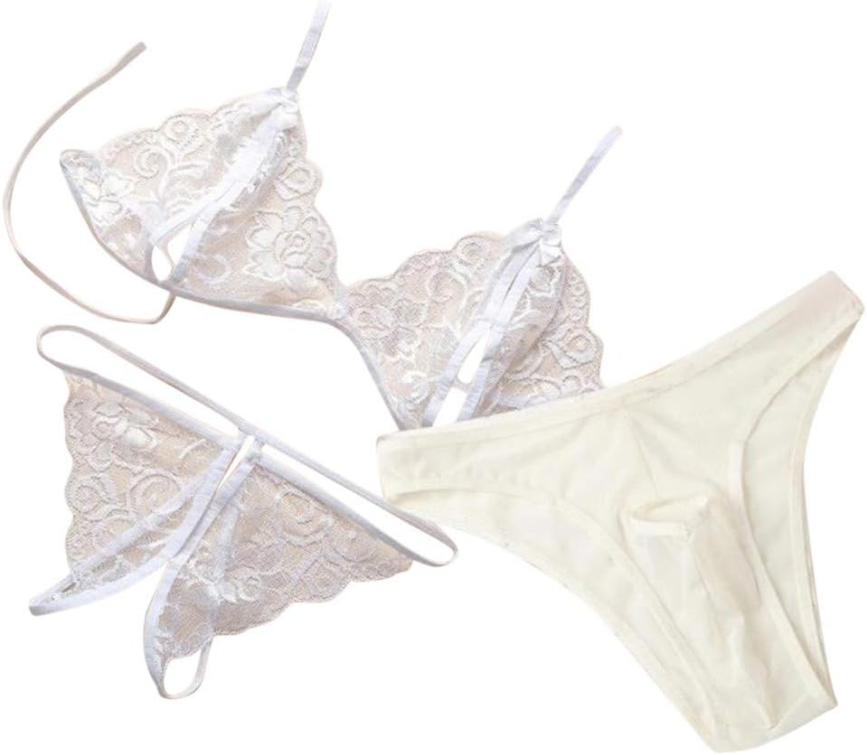 Couple Valentine's Day Lingerie Set 3PC Women & Men Lace Mesh Cupless Crotchless Plus Size Bralette Thong Set