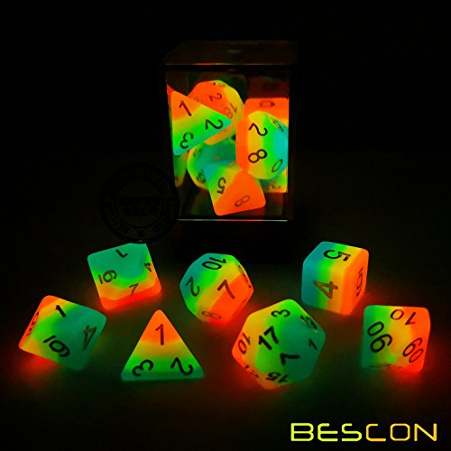 Bescon Fantasy Rainbow Glowing Polyhedral Dice 7pcs Set Midnight Candy, Luminous RPG Dice Set Glow in Dark, Novelty DND Game Dice d4 d6 d8 d10 d12 d20 d% in Brick Box - Thumbnail 2