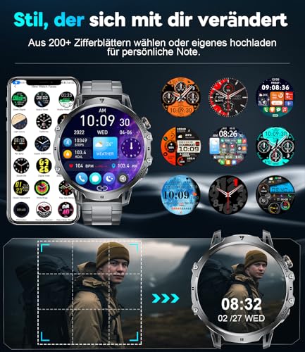 LIGE Military Smartwatch Men - 1000 mAh/1.85 Inch HD Large Touch Screen/LED Light, Fitness Watch with 110+ Sports Modes, Heart/Sleep Tracking, 2 Bracelets, IP68 Waterproof, Sports Watch for iOS/Android, Black
