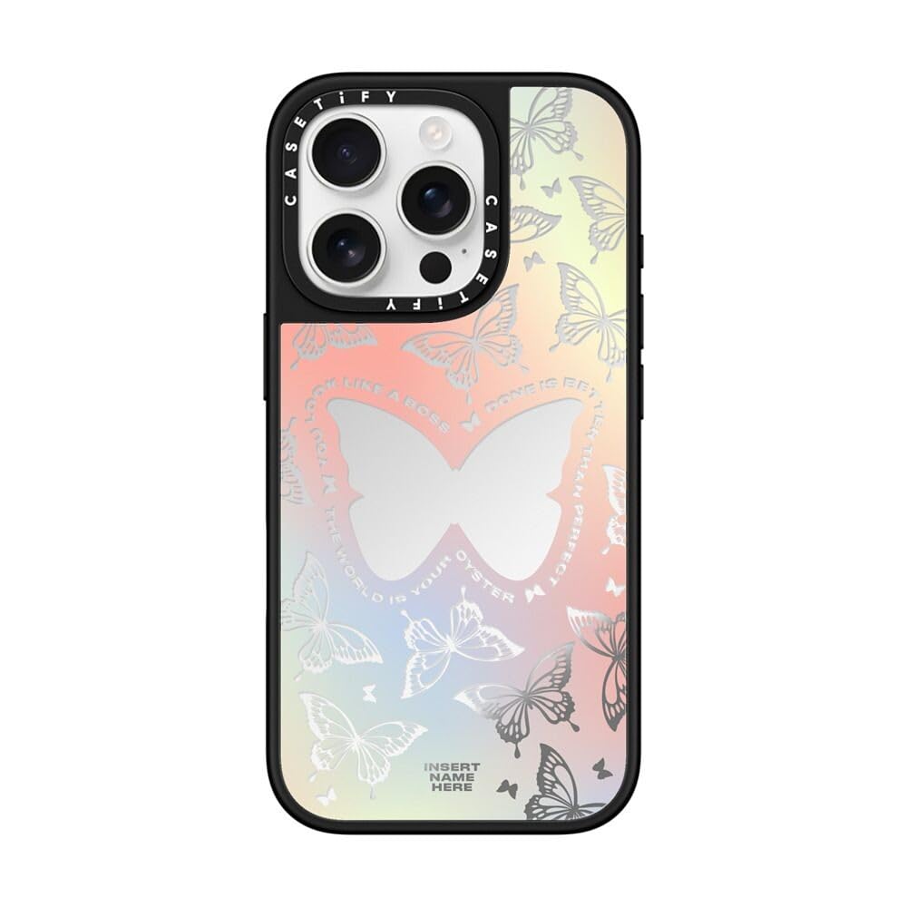 CASETiFY Mirror iPhone 16 Pro Case [Reflective / 4.9 ft. 1X Military Grade Drop Protection/Compatible with Magsafe] - You Give Me Butterflies - Silver on Black