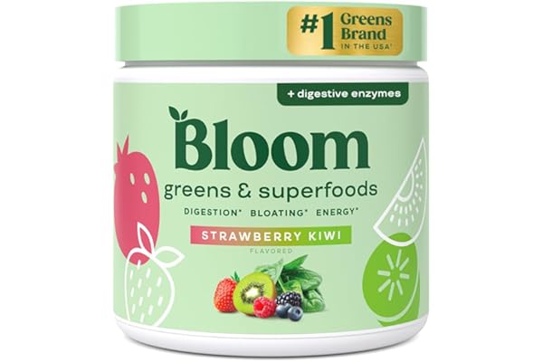 Bloom Nutrition Greens and Superfoods Powder for Digestive Health, Greens Powder, Digestive Enzymes, Probiotics, Spirulina, Chlorella for Bloating & Gut Support, Green Juice, 30 SVG, Strawberry Kiwi