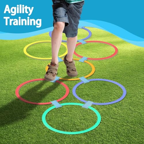 AM ANNA 2 Sets Hopscotch Rings Game for Kids, 20 Plastic Square & Round Hoops with 25 Connectors for Toddlers Gross Motor Skills, Playground Obstacle Course for Toddlers
