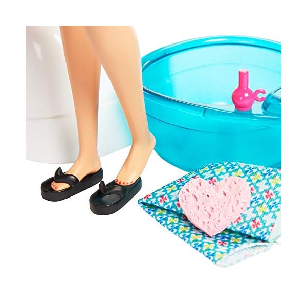 Barbie GHN07 - Mani- Pediküre Spielset mit Puppe (blond), Hündchen, Fußbad und Zubehör, 2 Päckchen Brausepulver für Schaumbad, Farbwechseleffekt auf den Fingernägeln, Geschenk für Kinder ab 3 Jahren – Bild 7