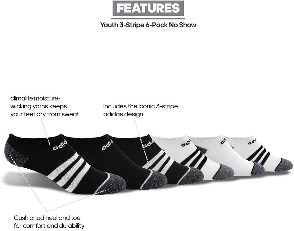 adidas Youth Kids-Boy's/Girl's 3-Stripes No Show Socks (6-Pair): Clothing