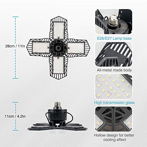 100W Remote-Control-Garage-Lights-Ceiling-LED, Timer Deformable LED Garage Light with 4 Aluminum Panels E26/E27 10000lm for Basement Workshop Laundry Room Garage