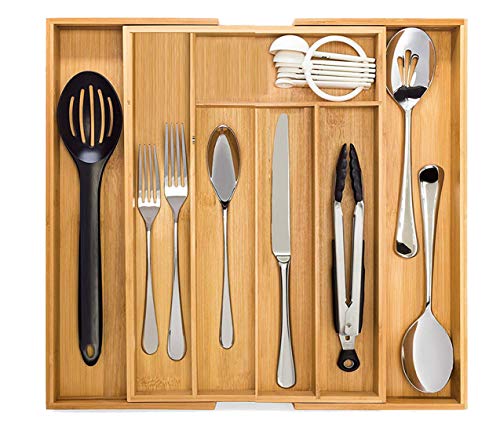 Expandable Utensil Drawer Organizer, Bamboo Cutlery Tray Utensil Organizer Adjustable Kitchen Drawer Insert, Silverware Flatware Organizer Utensil tray, Jewelry Showcase (7 Box)