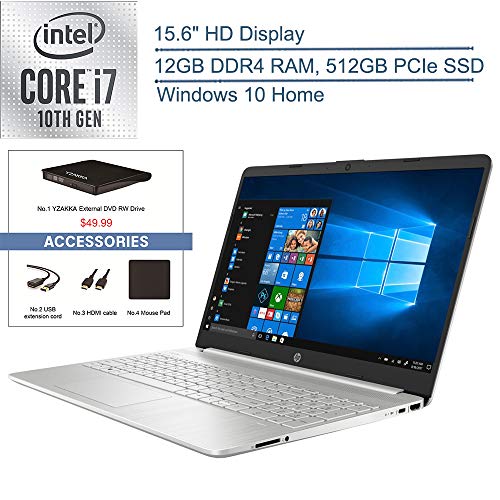2020 HP 15.6″ Laptop Computer, 10th Gen Intel Quard-Core i7 1065G7 up to 3.9GHz, 12GB DDR4 RAM, 512GB PCIe SSD, 802.11ac WiFi, Bluetooth 4.2, Silver, Windows 10, YZAKKA USB External DVD + Accessories