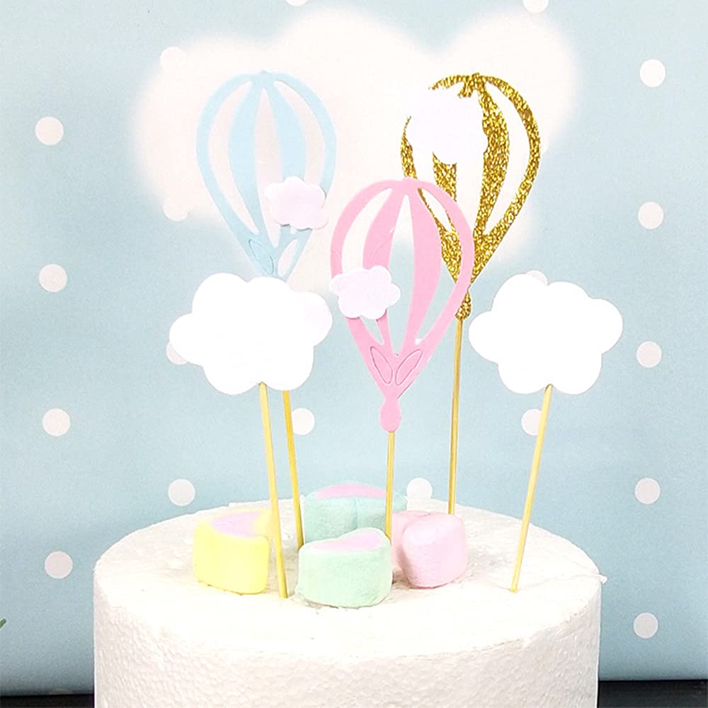 YiYaO 5pcs Pink Cloud Hot Air Balloon Cake Toppers for Birthday, Baby Shower