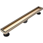 AVSIILE Linear Shower Floor Drain, Brushed Gold 24 Inch 304 Stainless Steel Bathroom Drains Kit, Rectangular Shower Trench Drain with Reversable Tile-in Pattern Drain Cover & Hair Catcher