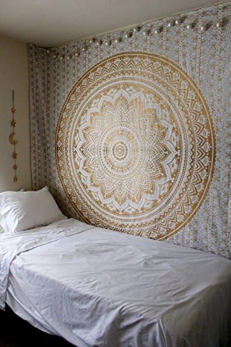 MOST WANTED Golden Ombre Tapestry by India" Ombre Bedding , Mandala Tapestry, Queen, White Color Indian Mandala Wall Art Hippie Wall Hanging Bohemian Bedspread