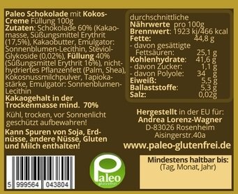 4x Paleo Schokolade - 4 verschiedene Sorten - 4 verschiedene Creme-Füllungen Laktosefrei Glutenfrei Milchfrei – Bild 5