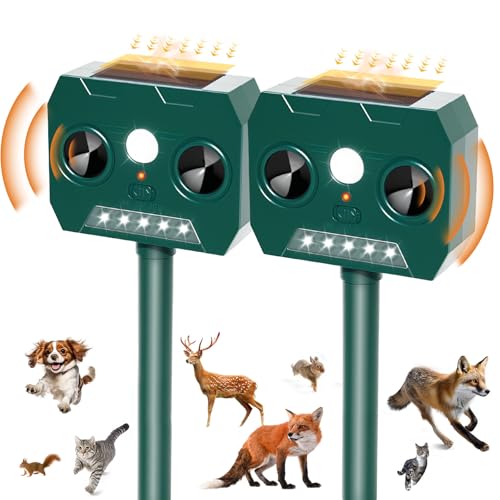 RAYGARD 2 x Outdoor Cat Repellent, Ultrasonic Solar Repellent for Dogs, Waterproof IP45, 12 m, 120 °, Garden Pet Scarer with LED Light for Cats, Dogs, Foxes, Martens
