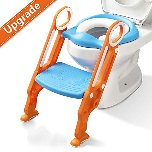 Potty Training Toilet Seat with Step Stool Ladder for Boy and Girl Baby Toddler Kid Children Toilet Training Seat Chair with Padded Seat Non-Slip Wide Step (Blue Orange Upgrade) - Thumbnail 7