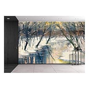 Watercolor Painting of a Winter Landscape: River in Forest During Sunset - Removable Wall Mural | Self-Adhesive Large Wallpaper - 66x96 inches
