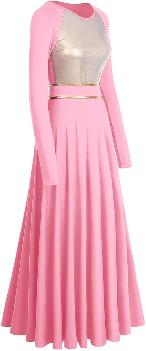 IBAKOM Women Metallic Gold Liturgical Praise Dance Worship Dress Color Block Long Loose Fit Full Length Church Robe Dancewear: Clothing