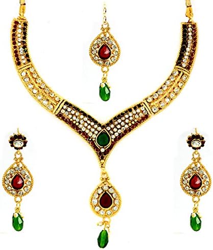 Bollywood Designer Ethinic Indian Bridal Stone Polki Necklace Set with Maang Tikka - Maroon and Green