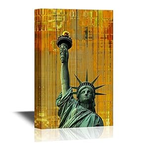Canvas Wall Art - Statue of Liberty on Orange Wood Background - Gallery Wrap Modern Home Art | Ready to Hang - 12x18 inches