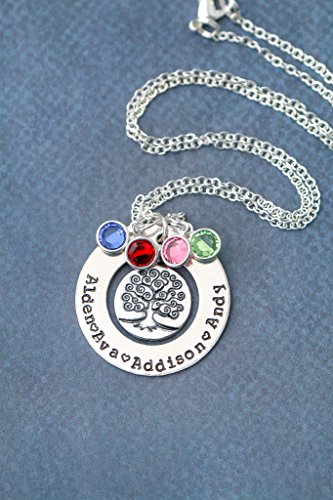 Silver Family Tree Necklace – Personalized Engraved Childrens Names, Choose Birthstone Crystals, Grandma Christmas Gift…