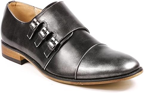 UV SIGNATURE UVS09 Men's Silver Gray Triple Monk Strap Cap Toe Slip On Loafers Dress Shoes (9.5)