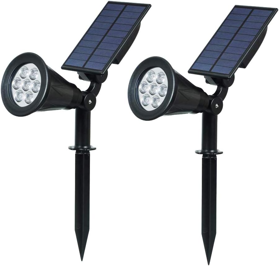 Solar Lights Outdoor Bright Adjustable 7 LED Daylight White 6000K Landscape Lights Waterproof 2-in-1 Wall Ground Security Lighting Dark Sensing Auto On/Off (Pack of 2)