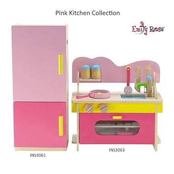18 Inch Doll Furniture | Amazing Pink Kitchen Oven/Stove/Sink Combo and Refrigerator Value Pack with over 20 Wooden Food Pieces and Accessories | Fits American Girl Dolls