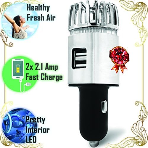 [Treasure6] Car Air PURIFIER (w/Proof) + Twin USB PHONE CHARGERS 12V Adapter // 2018 Upgrade Effects (proofs) // Auto Cigarette Smoke Odor Eliminator (SILVER color + Blue LED + 2Pack for 22.22 each)
