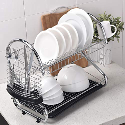 ENGELCH Rust-Proof Chrome Finished 2-Tier Kitchen Dish Drying Rack, Dish Rack With Black Drain Board, 1 Wide Tableware Rack and Knife Holder Accessory, 6 Independent Cup Holder Accessories