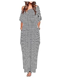 ZANZEA Maxi vestido de manga corta con hombros descubiertos, a rayas, color sólido, con bolsillos