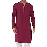 Runcati Mens Cotton Kaftan Robe Long Sleeve Button Down Henley Shirts Thobe Casual Side Split Gown Shirt