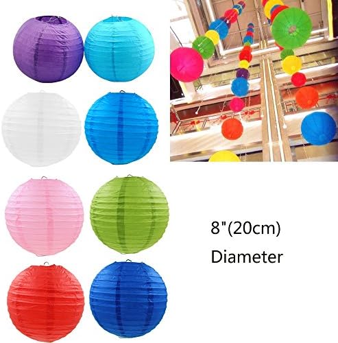 8 Assorted Color Foldable Lightweight Chinese Hanging Paper Lanterns Round Wedding Lantern Party Festival Decorations (8")