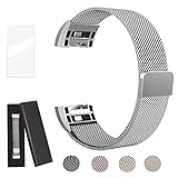 Super Vaule Metal Bands Compatible Fitbit Charge 2, Milanese Stainless Steel Metal Magnetic Replacement Wristband Small & Large for Women Men (Silver, Large: 6.7