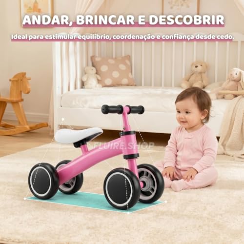 Bicicleta de Equilíbrio Infantil sem Pedal Rosa 4 Rodas para Coordenação Motora, Equilíbrio e Primeiros Passos, Brinquedo de Passeio para Bebê com Desenvolvimento Motor, Segurança e Conforto