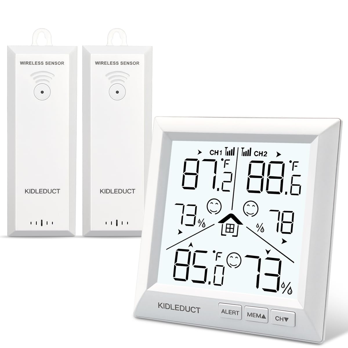 Photo 1 of KIDLEDUCT Indoor Outdoor Thermometer Wireless Battery Powered, High Precision Inside Outside Humidity Temperature with Alert, Backlight Weather Thermometers with 2 Sensors, 330ft Wireless, White