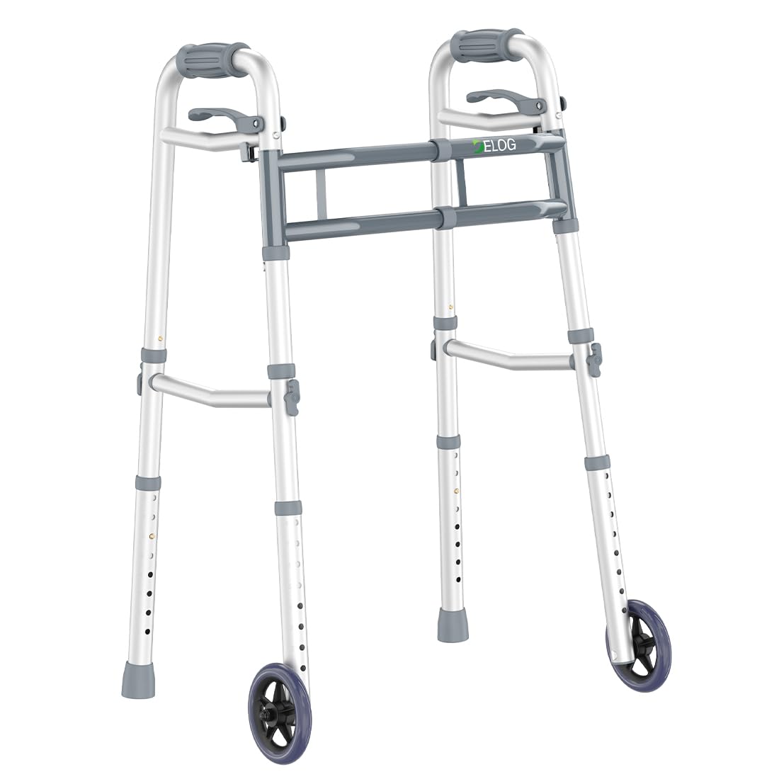 DELOG Narrow Folding Walker for Seniors with Trigger Release and 5 Inches Wheels, Lightweight Supports Up to 350 lbs, Aluminum Folding Walker for Elderly Handicapped Disabled