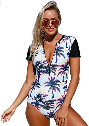 Palove Women One Piece Swimsuit Zip Front Printed Half Sleeve Rash Guard Bathing Suit, S-XXL