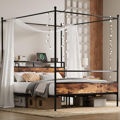 LIKIMIO Canopy Bed Frame King with Storage Headboard & Charging Station, Sturdy…