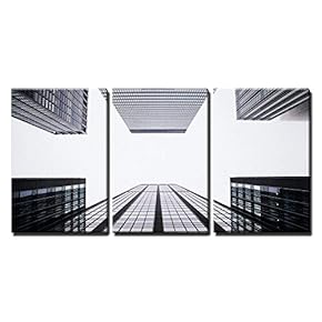 3 Piece Canvas Wall Art - Skyscraper Looking Up at Sky - Modern Home Art Stretched and Framed Ready to Hang - 16"x24"x3 Panels