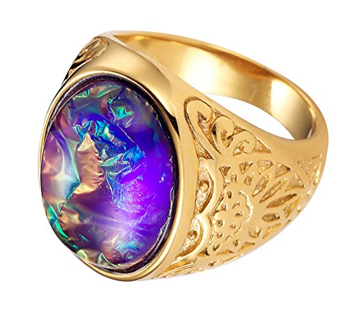 UOKOHO Men's Women's Stainless Steel Purple Oval Gemstone Gold Plated Rings Size 9