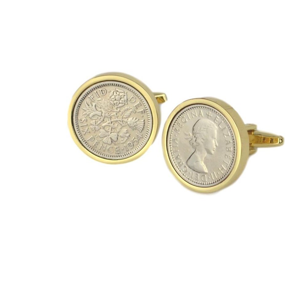 Polished Sixpence Gold Mount Cufflinks | 1954 Anniversary Coins 72nd Birthday