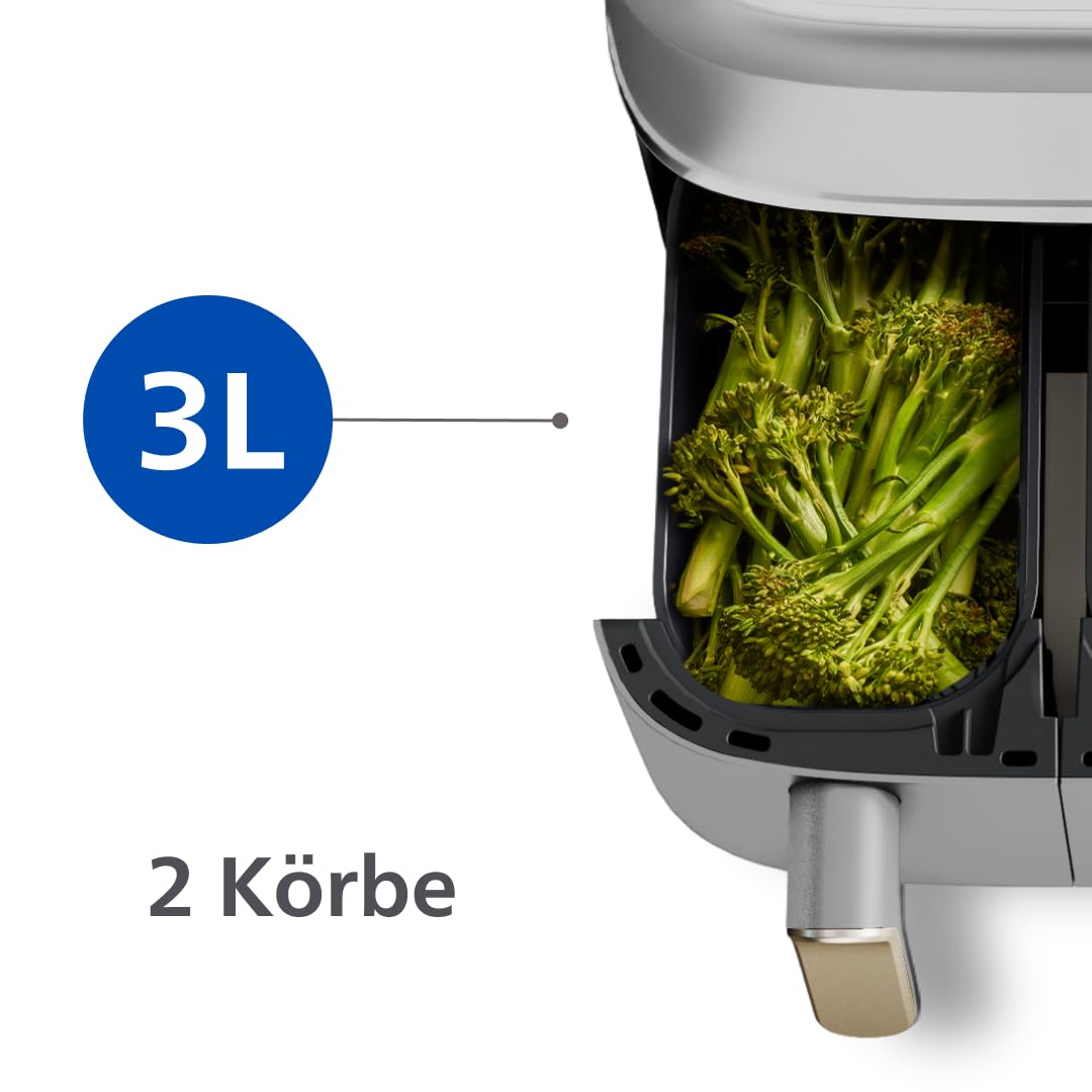 Philips Airfryer 3000 Series Dual Basket, Heißluftfritteuse mit 2 Körben, 9L Kapazität (6L+3L), RapidAir Plus Heißlufttechnologie, 90% weniger Fett, Rezepte-App, Spülmaschinenfest, Weiß (NA353/10) 5
