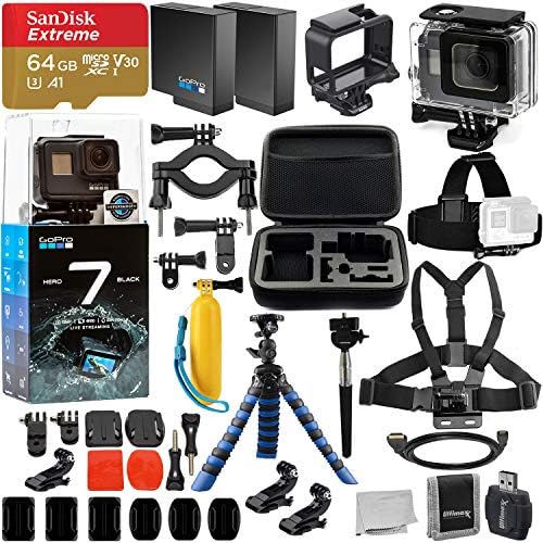GoPro HERO7 Hero 7 Black Action Camera and Deluxe Accessory Bundle - Includes: SanDisk Extreme 64GB microSDHC Memory Card + Underwater Housing & Much More