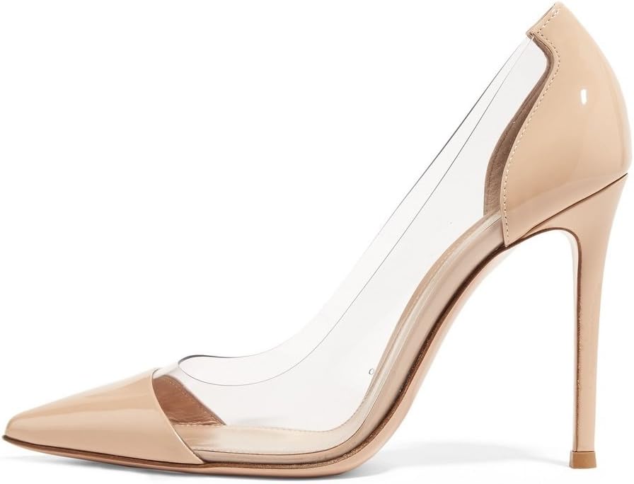 Women's High Heels Patent Dress Pumps Stiletto with PVC Sides Shoes Beige US5
