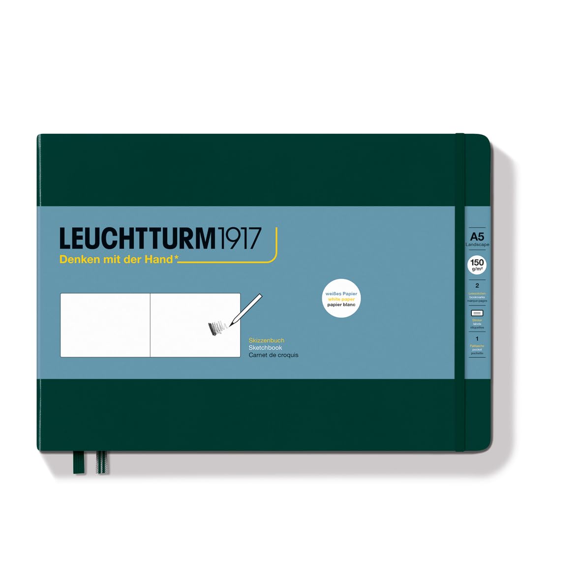 LEUCHTTURM1917 370358 Sketchbook Landscape (A5), Hardcover, 112 Pages (150 g/sqm), Plain, Forest Green
